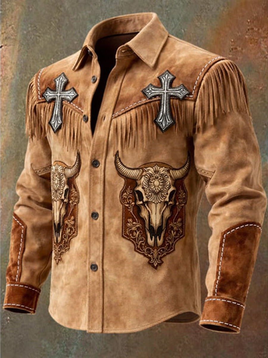 Men's Retro Western Style Art Print Vintage Tassel Casual Long Sleeve Shirt